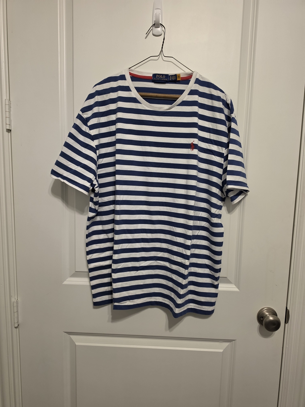 Ralph Lauren Blue & White Striped Short Sleeve Tee with Red Pony